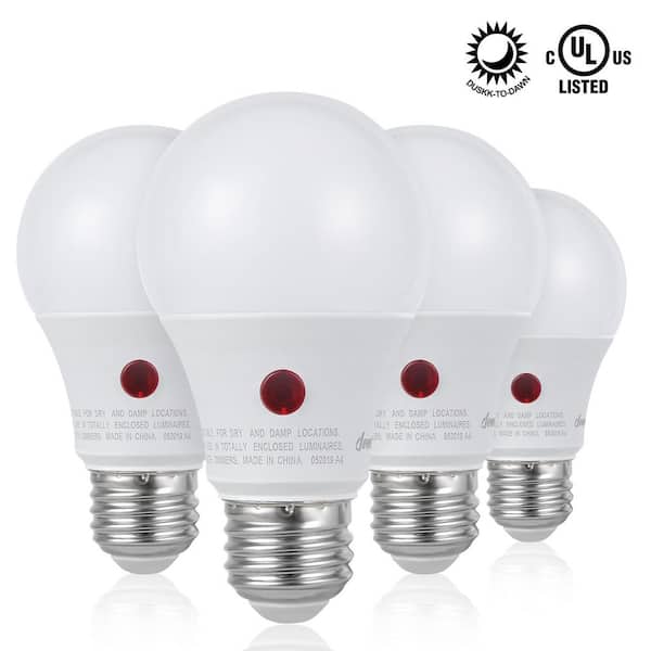 60-Watt Equivalent A19 Dusk to Dawn E26 Base Automatic On/Off Dual Sensor LED Light Bulb, 5000K Daylight White (4-Pack)