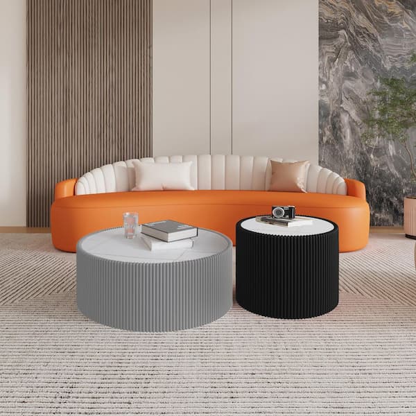 Halvion Modern 17.71 in. Black Round PU Leather Cylinder Light Marble Top Side End Table
