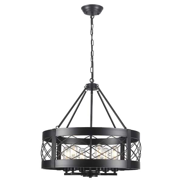 6-Light Black Farmhouse Drum Chandelier Industrial Pendant Light For Dining Room