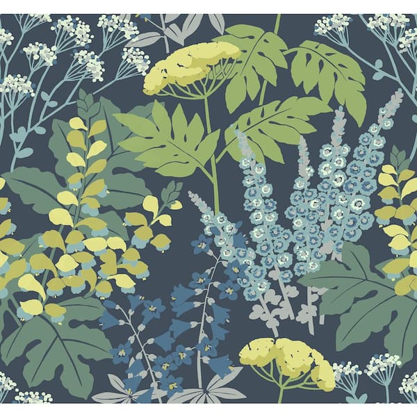 A-Street Prints Blue Brie Dark Forest Flowers Wallpaper Border Sample