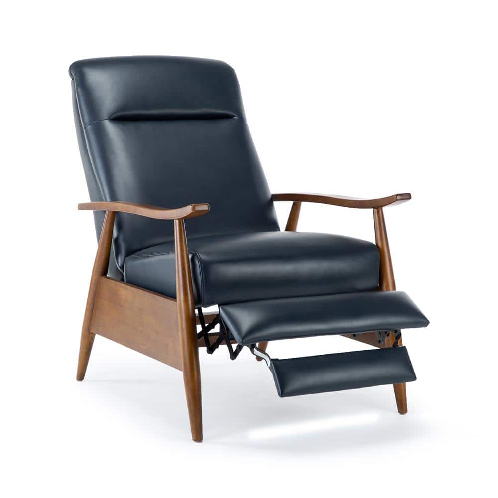 Midnight Blue Faux Leather Wood-Armed Recliner Chair