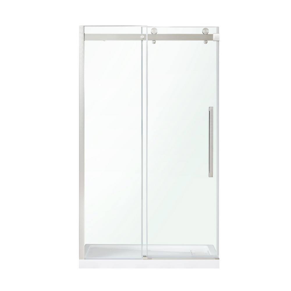 Satin Nickel Frameless Sliding Soft Close Shower Door with Clear Glass