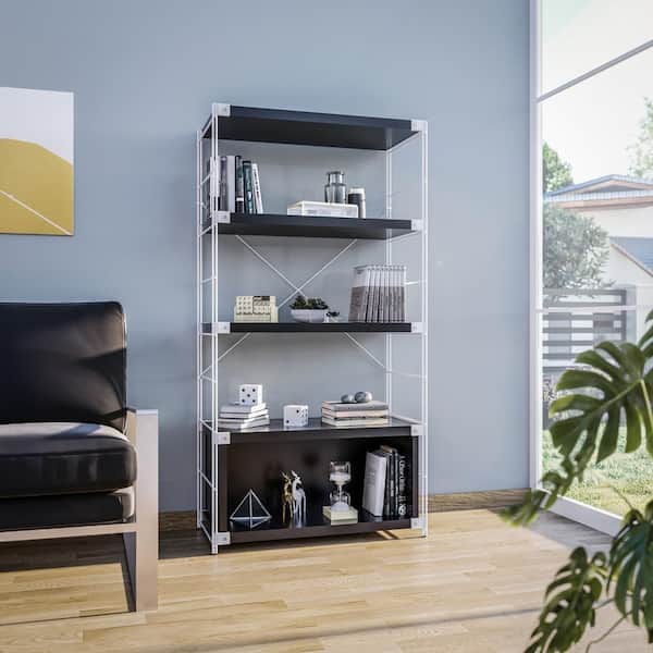 Leisuremod Brentwood Etagere 4 Shelves Modern Bookcase with White Stainless Steel Frame and Melamine Board Shelves in Black
