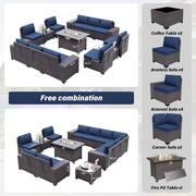 13-Piece Wicker Patio Conversation Set with 55000 BTU Gas Fire Pit Table and Glass Coffee Table and Cushions Navy Blue