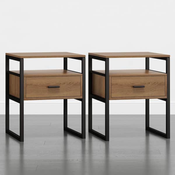 Miri Walnut Industrial Nightstand with Drawer, End Table with Storage, Wood and Metal Bedside Table, Set of 2