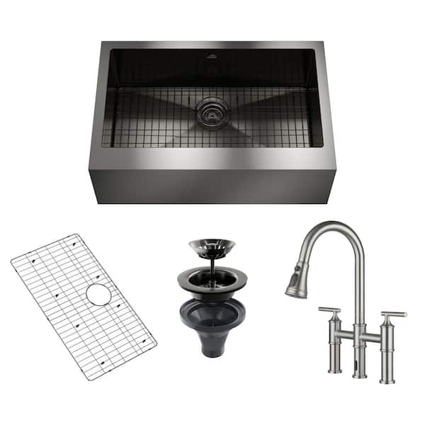 33 in. All-in-One Single Bowl 18 Gauge Black Stainless Steel Farmhouse Kitchen Sink with Pull-Down Kitchen Faucet
