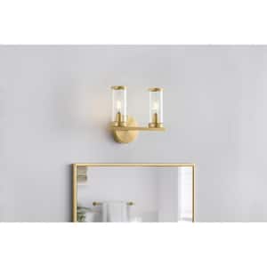 Loveland 10.5 in. 2-Light Brass Bathroom Vanity Light Fixture with Clear Glass Shades