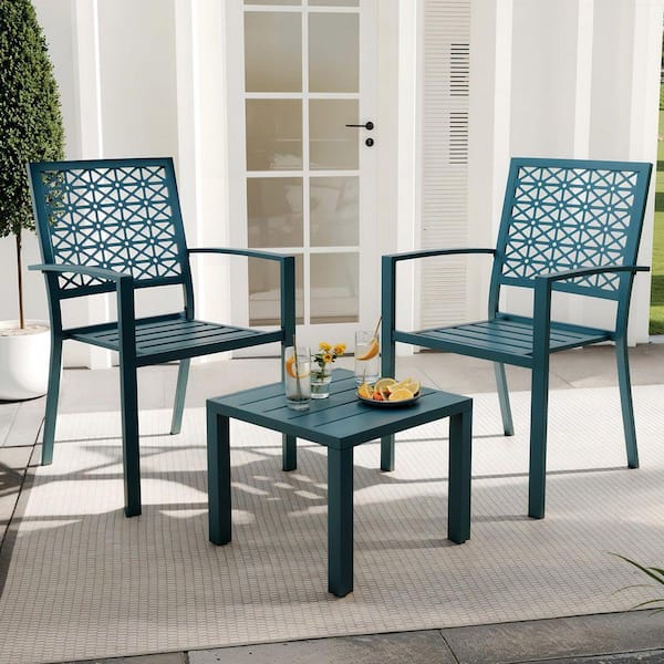 Metal 3-Piece Outdoor Bistro Set, 2 Chairs and Coffee Table, Peacock Blue, Compact for Garden/Balcony