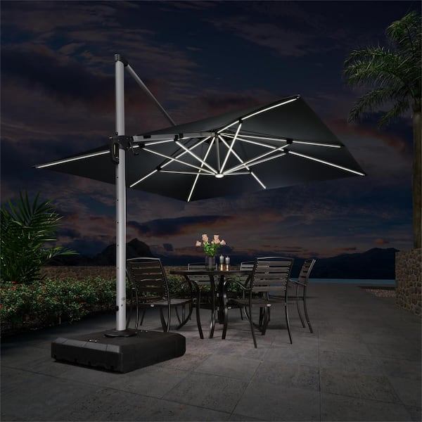 PURPLE LEAF 11 ft. Square Aluminum Solar Powered LED Patio Cantilever Offset Umbrella with Stand, Gray