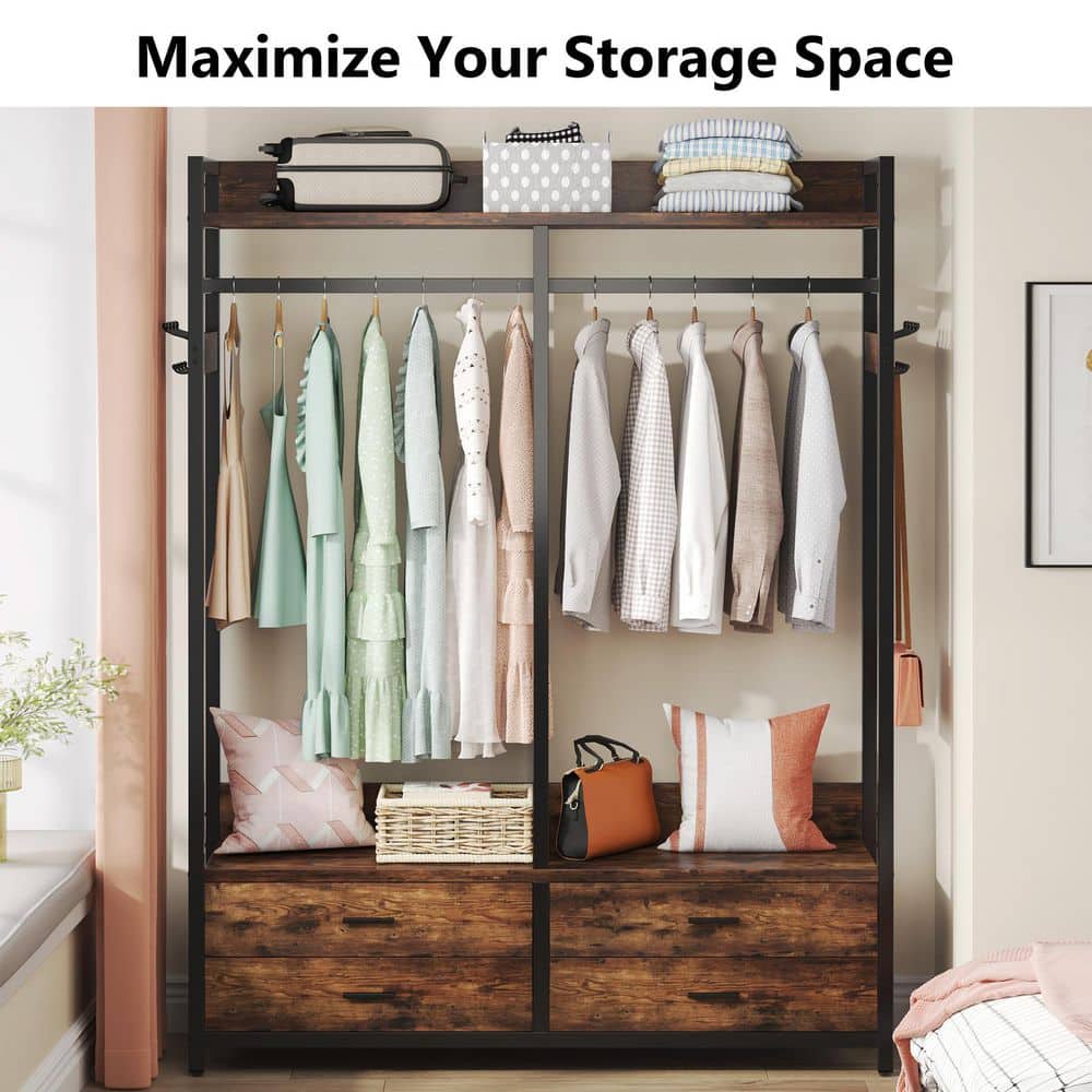 Carmalita Brown Closet Organizer Hanging Rod Garment Shelves 4 Drawers 8 Hooks Rack 70.9 in. H x 15.7 in. W x 47.2 in. D - thumbnail 8