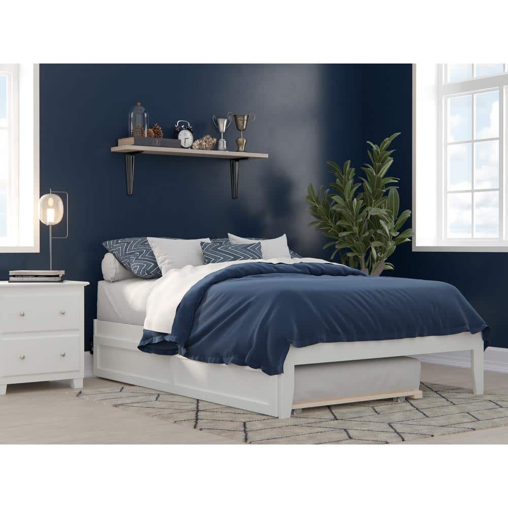 Elegant Full-Size White Platform Bed with Twin Trundle and USB Charging