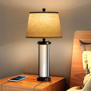 26.3 in. Black Modern Metal Integrated LED Fabric Lampshade Table lamp with Dual USB Charging Ports (Bulbs Included)
