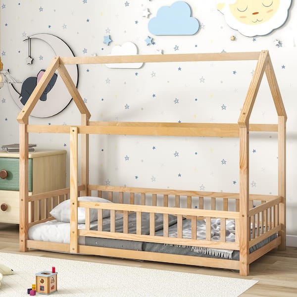 Harper & Bright Designs Natural Twin Size Wood Platform Bed House Bed with Fence Guardrails