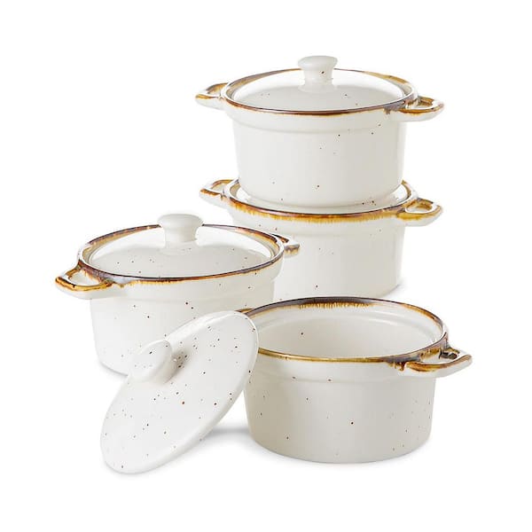 Ceramic Small Casserole Dish with Lids, 12 qt. Creamy White, Oven Safe Mini Dutch Oven Set of 4 for Individual Serving