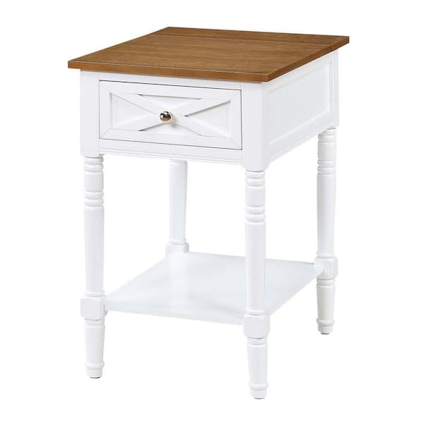Convenience Concepts Country Oxford 16 in. Driftwood/White Tall Rectangle Wood End Table with 1 Drawer, Charging Station and Shelf