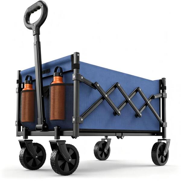 220 lb Collapsible Wagon Cart, Foldable Utility Wagon with 360 Degree Wheels and Adjustable Handle, Blue
