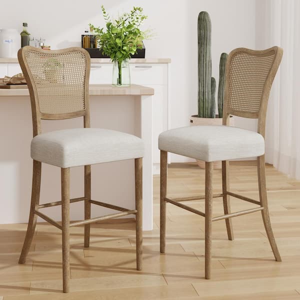 30 in. Dark Brown and Beige Cane Back Rubberwood Barstool, Set of 2