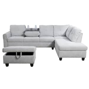 6-Seater Round Arm 3-Piece Fabric L-Shaped Sectional Sofa in Gray with Ottoman