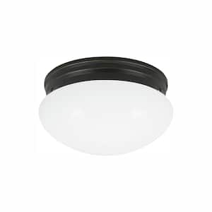 Webster 9.5 in. 2-Light Bronze Classic Flush Mount with White Glass Shade and Dimmable LED Light Bulb