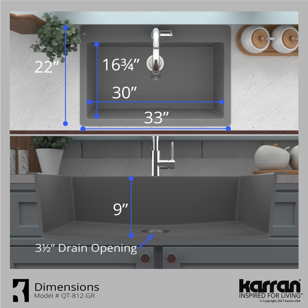 Gray Quartz 33'' Single Bowl Drop-in Kitchen Sink