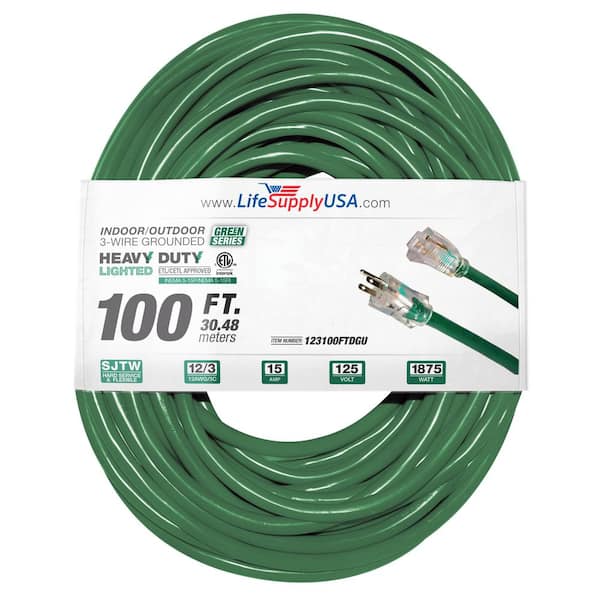 LifeSupplyUSA 100 ft. 12/3 SJTW 15 Amp 125-Volt 1875-Watt Dark Green Indoor/Outdoor Heavy-Duty with Lighted End Extension Cord