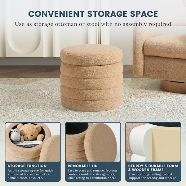 Bayville Modern 16 in. Tall Sherpa Fabric Tufted Round Storage Ottoman in Camel