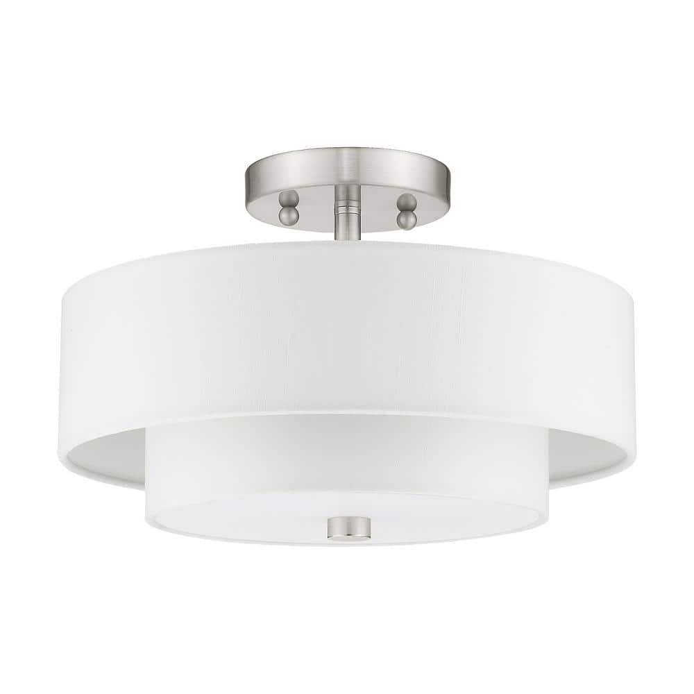 Claremont Brushed Nickel 2-Light Semi-Flush Drum with Off-White Shade
