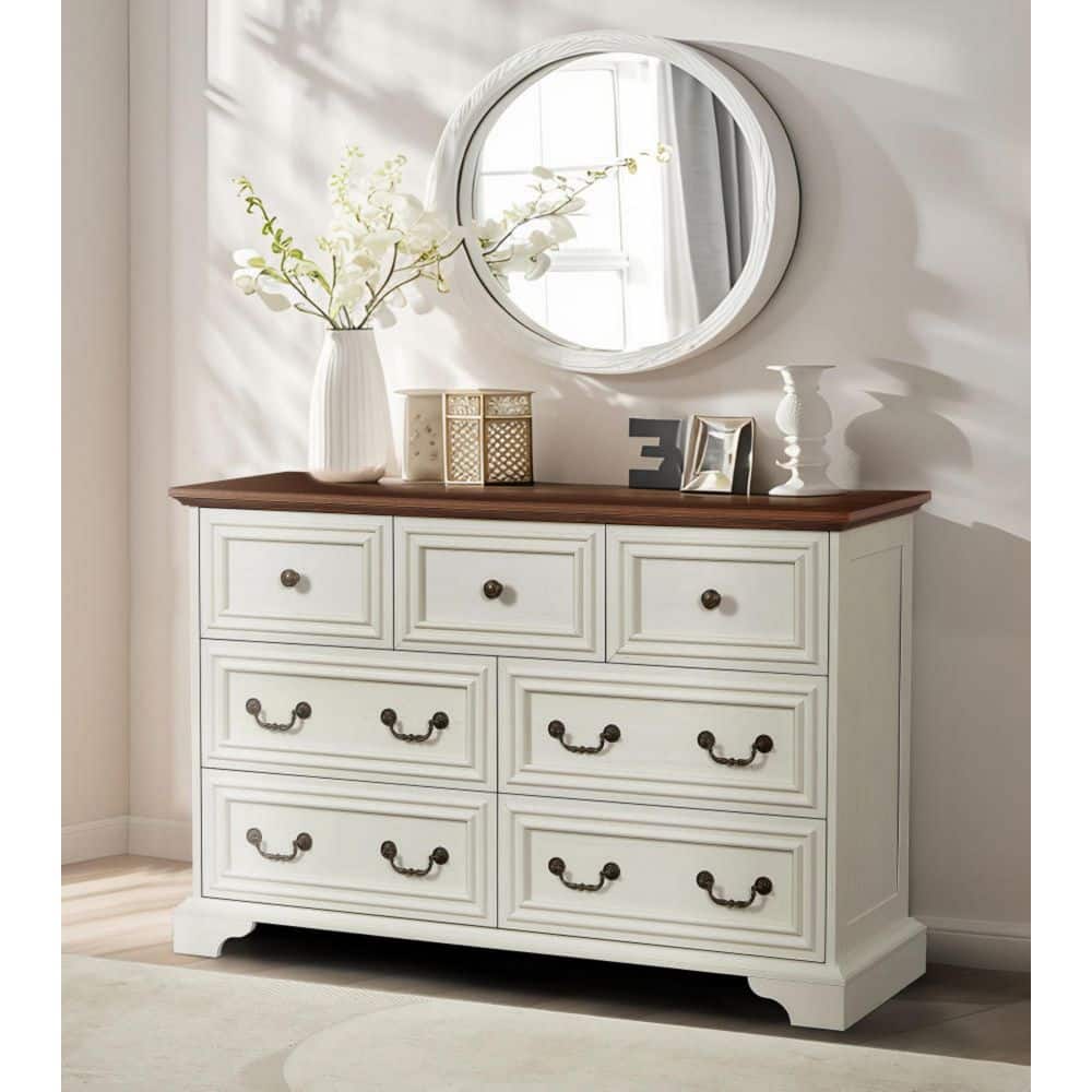 Antique White 7-Drawers 47.3 in. Wide Chest of Drawers with Natural Texture