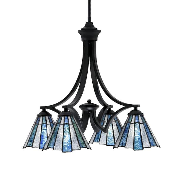 Unbranded Clevelend 4-Light Matte Black Chandelier, Round Chandelier with 7 in. Sea Ice Art Glass Glass Shades, No bulbs included