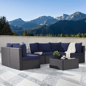 7-Piece Wicker Patio Conversation Sofa Set, Outdoor Sectional Seating with Tempered Glass, Navy Blue Cushion