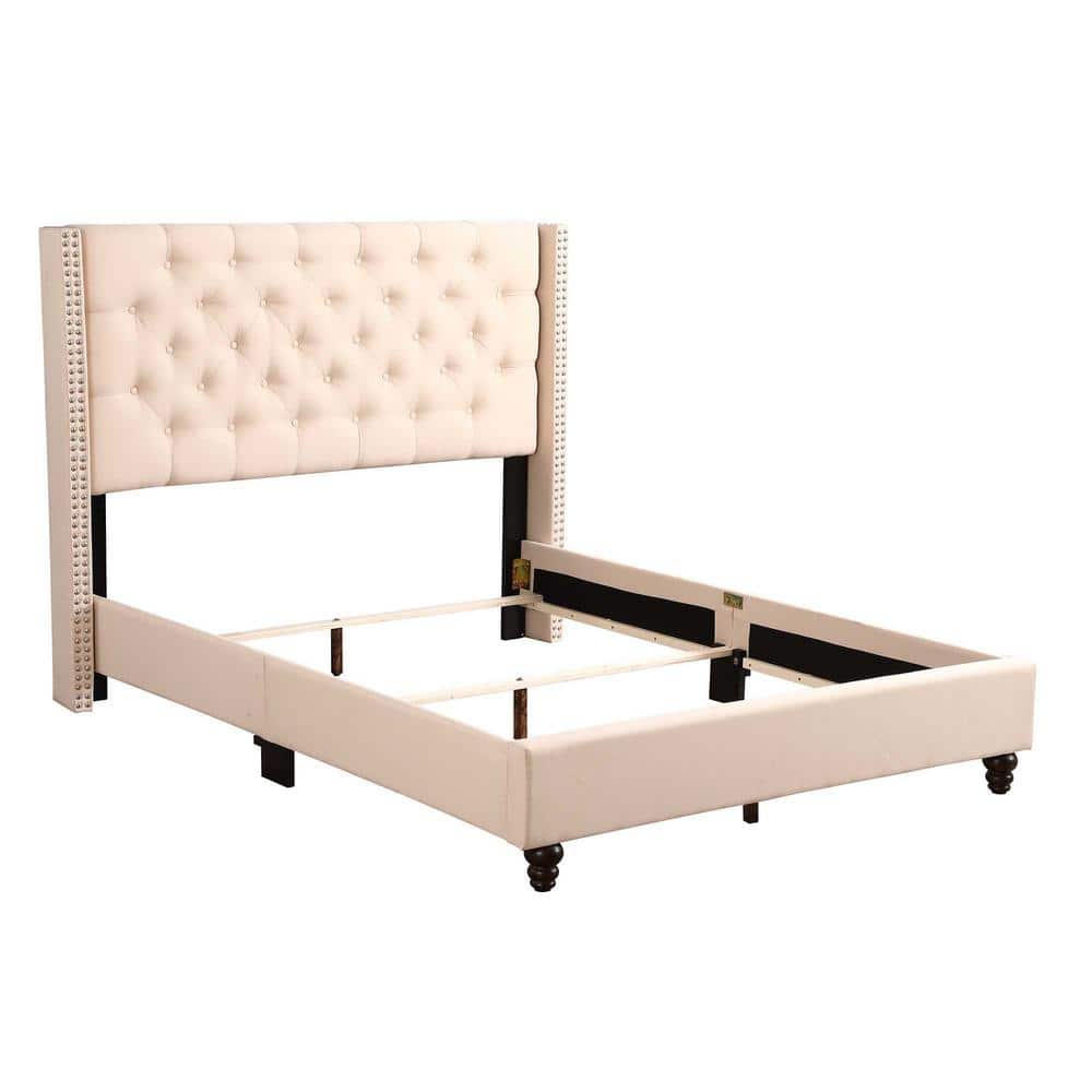 Julie Beige Velvet Tufted Full Panel Bed with Nailhead Trim