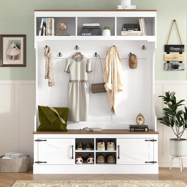 Farmhouse 71 in. H Entryway White Hall Tree with 7 Hooks, Wood Bench, Cabinets and 4-Shoe Cubbies