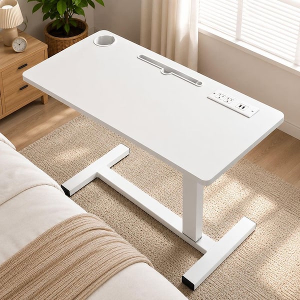 29.72"W, Height-Adjustable Overbed Table, Portable Rolling Bedside Desk with USB-C, Cup Holder, White/White