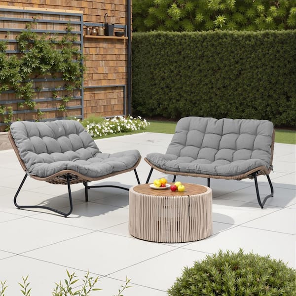 Pellebant 2-Piece Metal Frame Brown Faux Rattan Wicker Outdoor Loveseat with Dark Gray Cushion