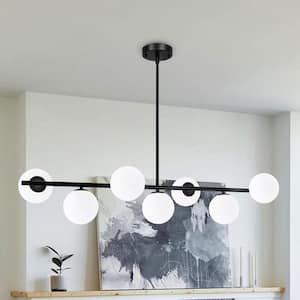 7-Light Modern Linear Chandelier with White Glass Shade Black Chandeliers for Kitchen Island Dining Living Room