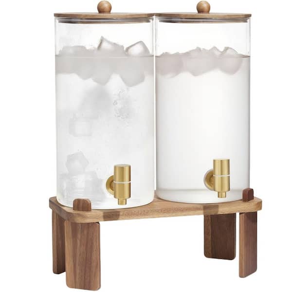 2-Pack 1.5 Gal. Water Drink Dispensers with Stainless Steel Spigot , Glass Beverage Serveware Dispenser with Wood Stand