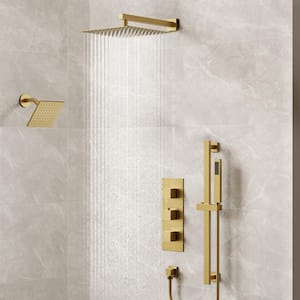 3-Spray Patterns Thermostatic 12 in. Wall Mount Rain Dual Shower Heads with 6-Jet in Brushed Gold (Valve Included)