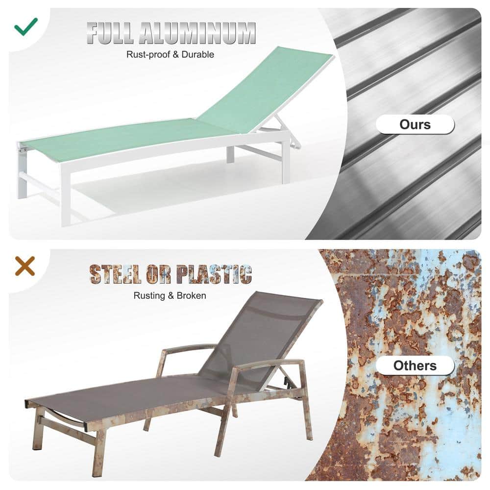 Green Aluminum Outdoor Chaise Lounge Chairs with Table Set