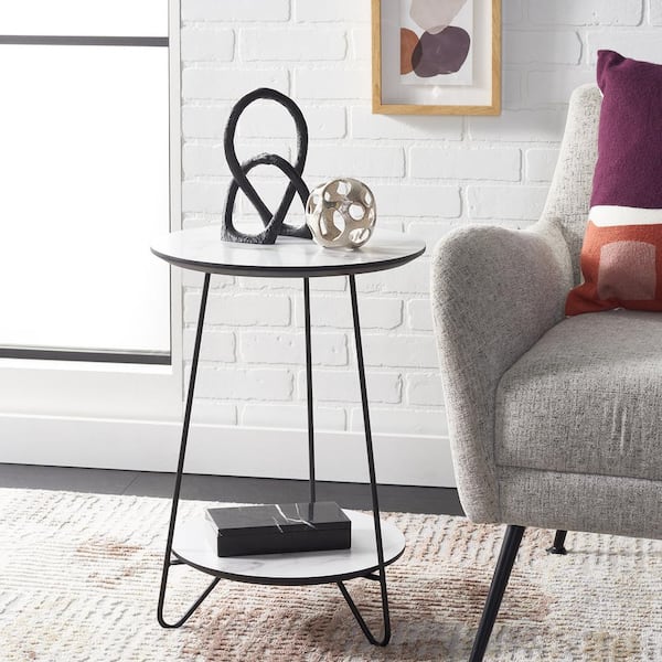 SAFAVIEH Avaline 15 in. White/Black Round Faux Marble End Table