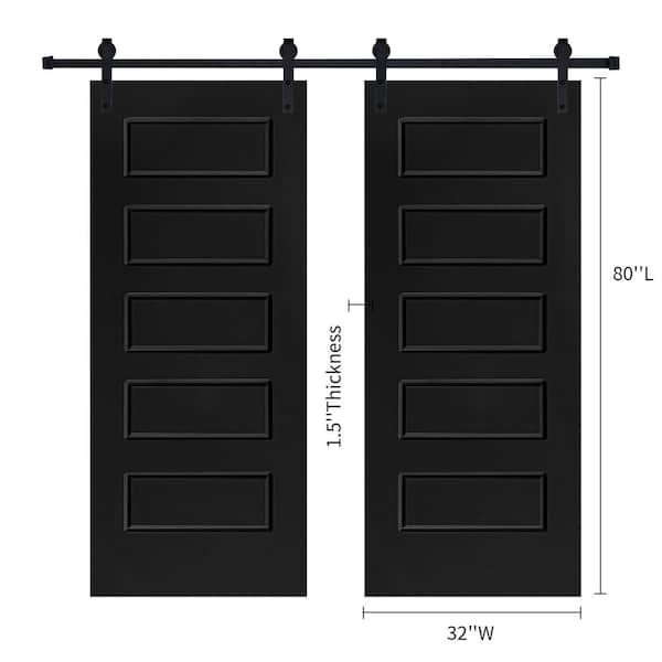 Double Modern 5-Panel 32 in. x 80 in. MDF Black Barn Sliding Door With Hardware kit