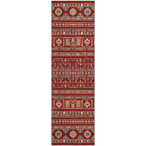 Mayfield Premium Machine Washable Abstract AMF2244 Red 2 ft. x 7 ft. Runner Rug