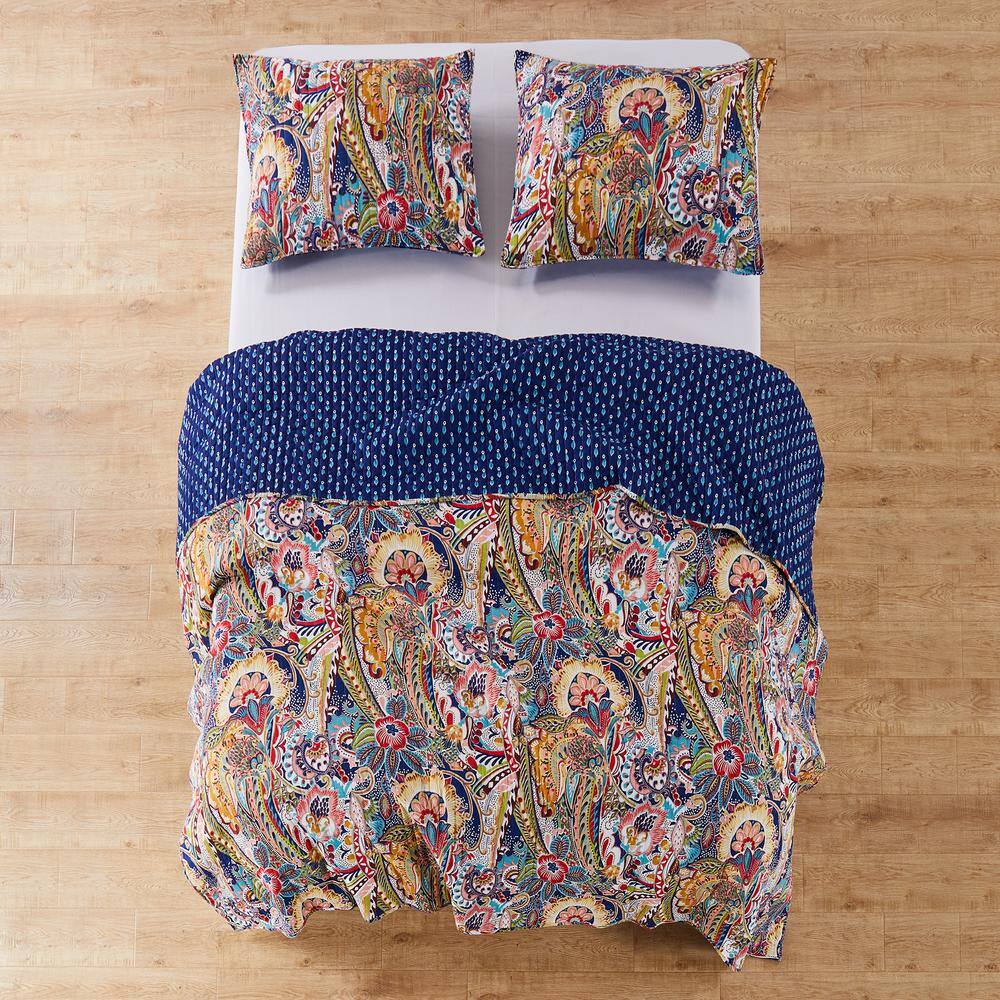Navy and Multicolor Cotton King Reversible Quilt Set