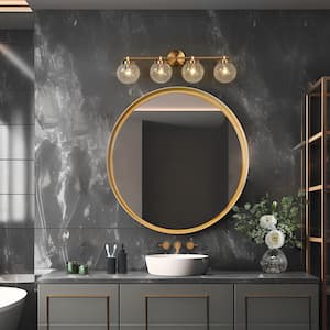 Modern 29.5 in. 4-Light Plated Brass Bathroom Vanity Light with Cracked Globe Glass Shades