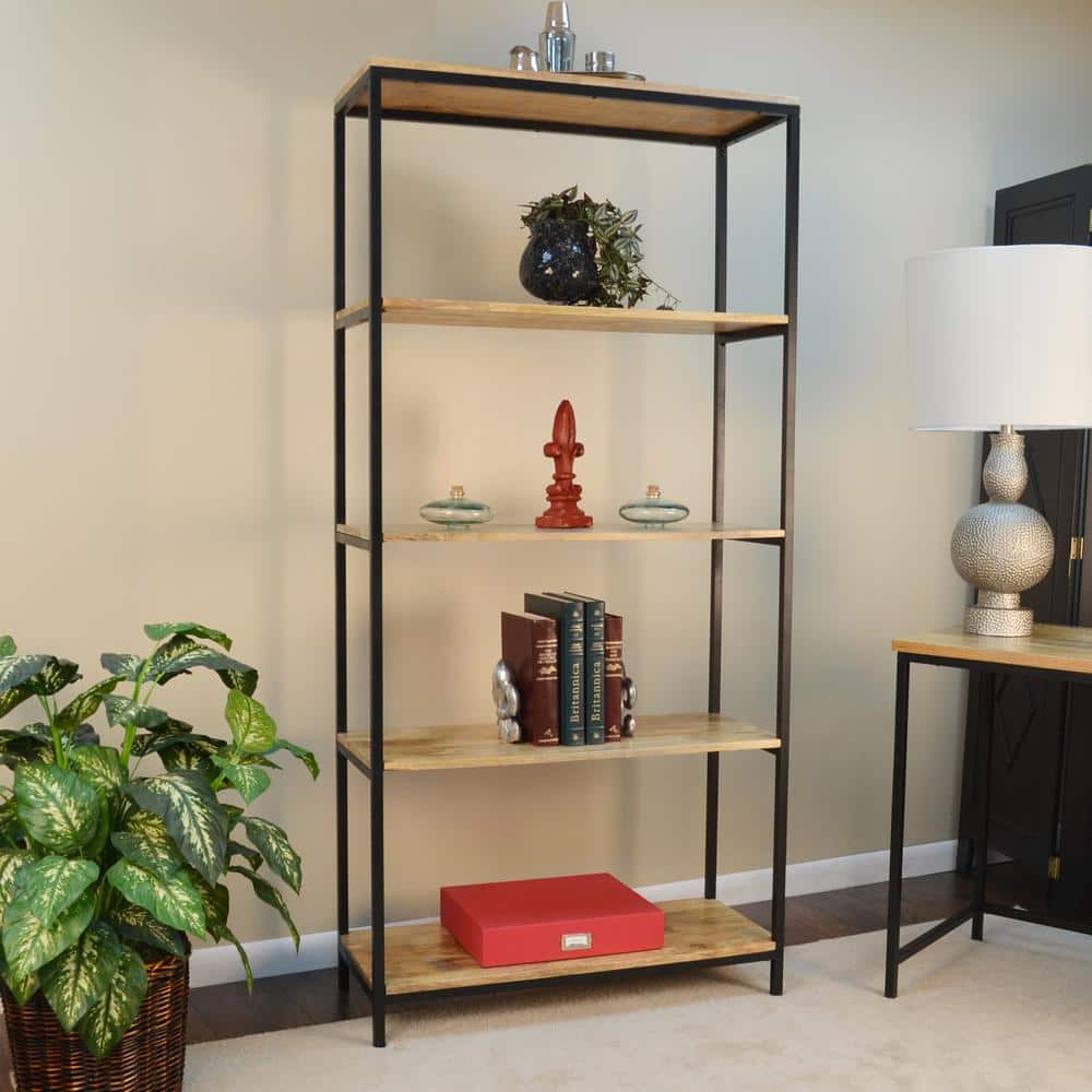 72" Natural Mango Wood and Black Metal Tall Bookcase