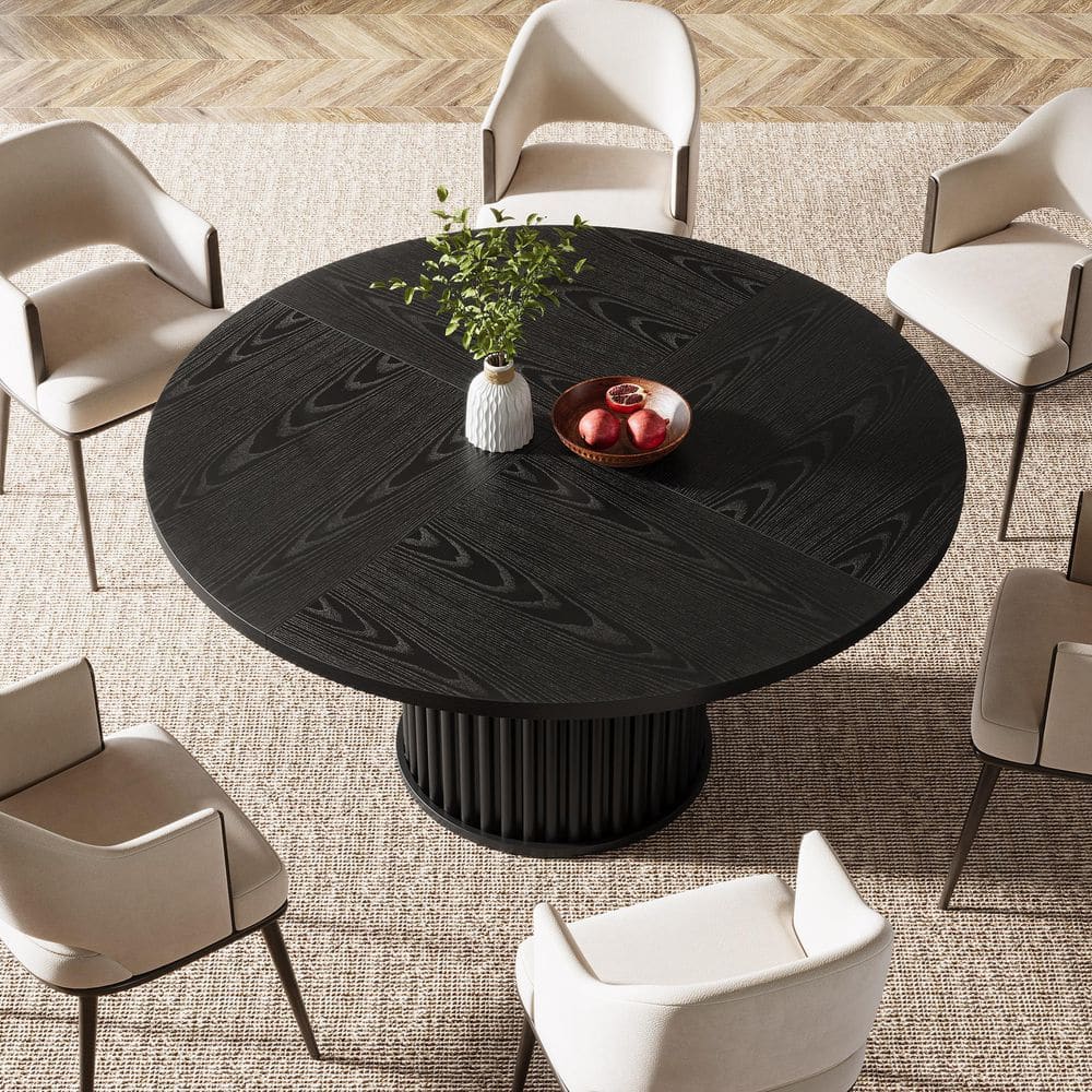 Roesler Black Wood 47 in. Wood Circular Pedestal Round Dinning Room Dining Table Seat 4 Industrial Modern Simple