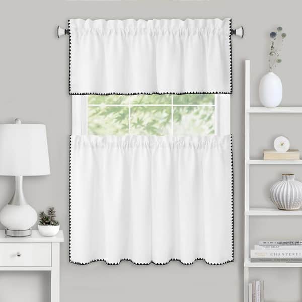 Kendal Polyester Light Filtering Tier and Valance Window Curtain Set - 58 in. W x 36 in. L in White/Black