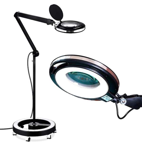 Brightech Lightview Pro 55 in. Classic Black Industrial 1-Light 3-Way Dimming 1.75X Magnifying LED Swing Arm Rolling Floor Lamp