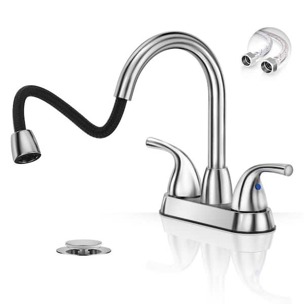 2 Handles Pull Down Sprayer Chrome 4 in. Bathroom Faucet，3 Hole Centerset Bathroom Sink Faucet
