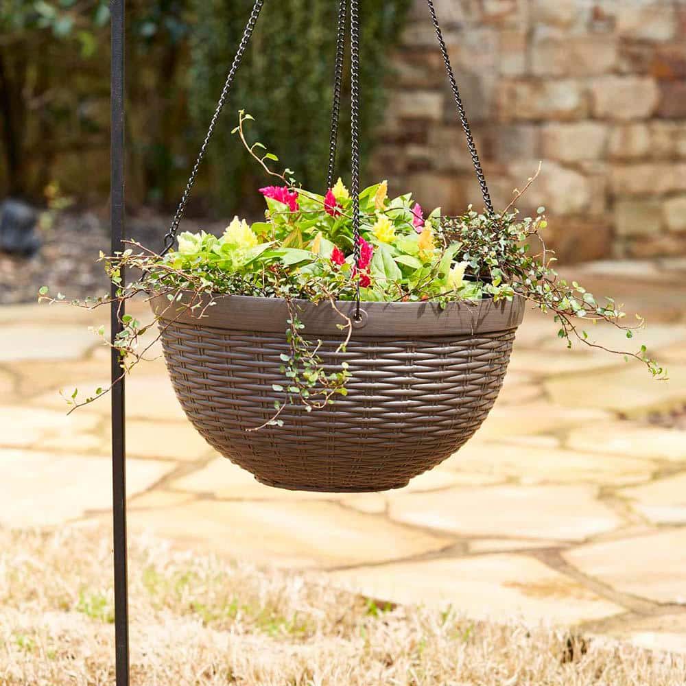 12" Dark Brown Resin Wicker Hanging Basket Planter