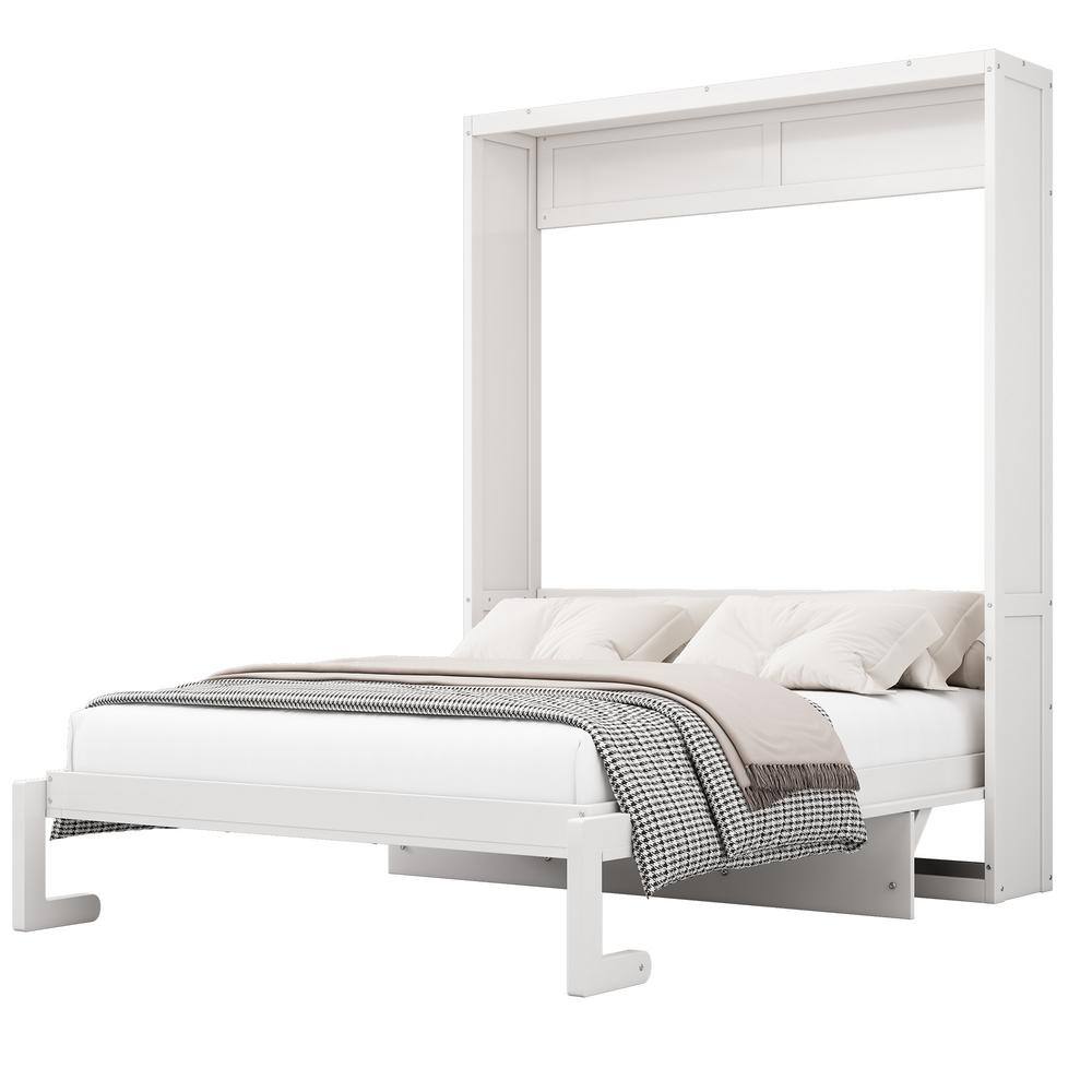 White Wood Frame Full Size Murphy Bed, Folding Wall Bed with Desktop - thumbnail 4